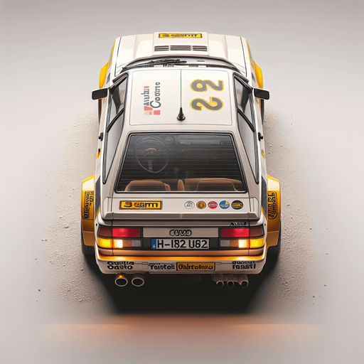 Photorealistic Audi Quattro B2 rally car with yellow stickers, from topback view
