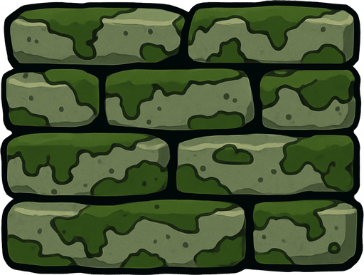 a wall built with flat, mossy stones.
In-Game asset.  2d.  High contrast.  No shadows