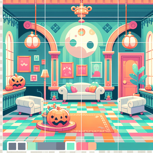 Background for hyper casual puzzle game. Showing halloween mansion interior. Pastel colors, flat shaded, vector art. Single Game Texture. In-Game asset. 2d. Blank background. High contrast. No shadows.