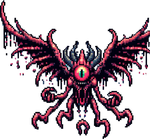 8-bit. Cartoon. alien flying enemy boss. seen from the front. in game asset. Single Game Texture. In-Game asset. 2d. Blank background. High contrast. No shadows.
