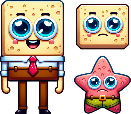 SpongeBob cartoon characters.
Single Game Texture. In-Game asset. 2d. Blank background. High contrast. No shadows.