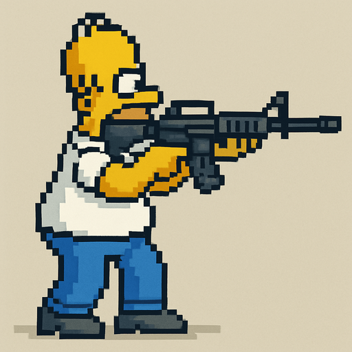 homero simpson hecho con pixeles de cuerpo completo con perspectiva lateral apuntando con rifle de asalto m4
I
