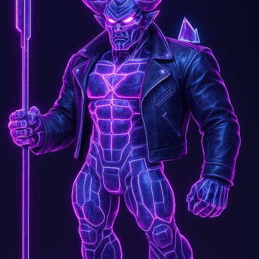 Black leather biker jacket longsleeves bare segmented neon cyberpunk pecs abs muscles robot monster hunk Neon cyberpunk 3d hologram corporate occult demon android mecha robot sentinel guard soldier machine monster fully in frame no part cut off no background anime futuristic