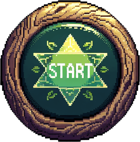 A start button for an elf game in a magic forest.
Pixel art.