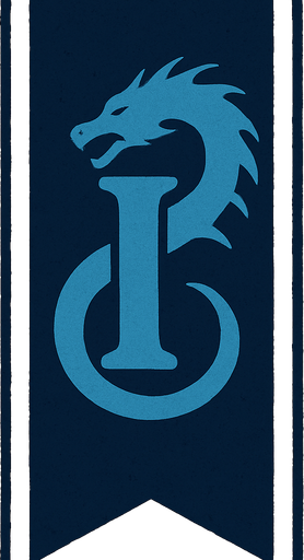 bandera larga con un simbolo de una i azul con un dragon al lado
e el diseño d ela i.
In-Game asset.  2d.  High contrast.  No shadows