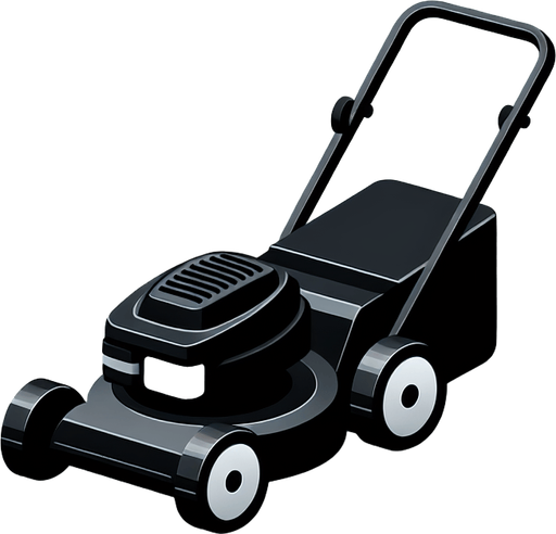 Black lawnmower.
Single Game Texture.  In-Game asset.  2d.  Blank background.  High contrast.  No shadows