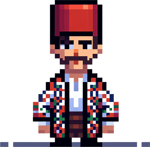 osmanlıda yaşayan fesli normal bir erkeğin pixel versiyonu.
Single Game Texture. In-Game asset. 2d. Blank background. High contrast. No shadows.