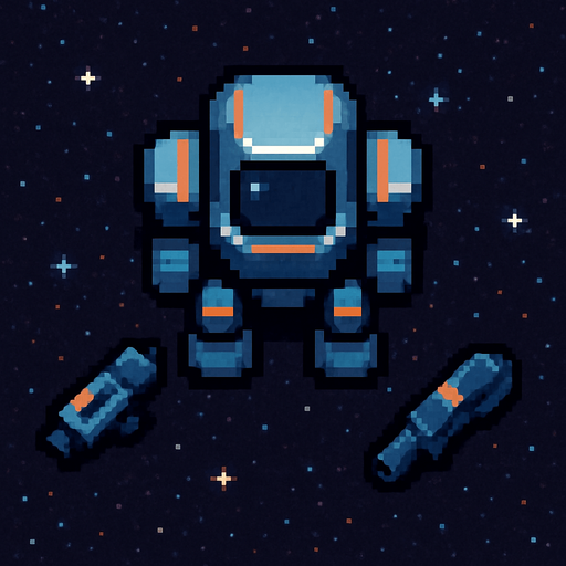 Пиксельный робот видо с верху космический без рук отдельно части тела и две от дельные пушки пиксели и космос.
In-Game asset.  2d.  High contrast.  No shadows
