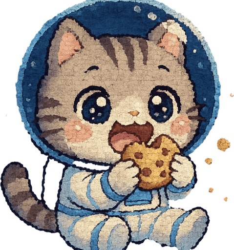 A cute kitten, illustrated in an adorable chibi anime style and wearing an astronaut suit, is joyfully eating as if it hadn’t had a meal in ages. Its eyes sparkle with delight, and crumbs float around in zero gravity.