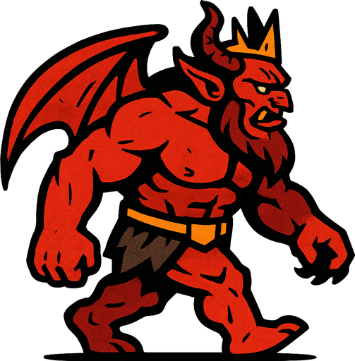 güçlü ve iri yapılı şeytan kral sağdan sola yürüyormuş gibi.
In-Game asset.  2d.  High contrast.  No shadows