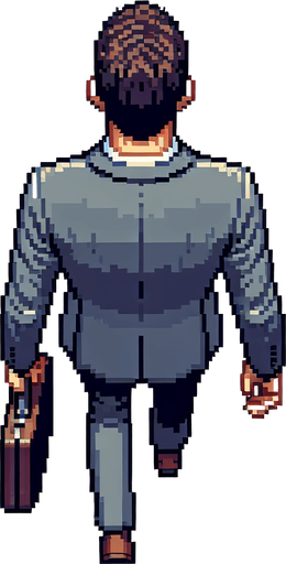 Directly overhead, plumb view of a business man heading top (we see his back). walinkg. empty hands..
Zenith view, directly overhead, plumb view. NOT PERSPECTIVE!. Pixel art