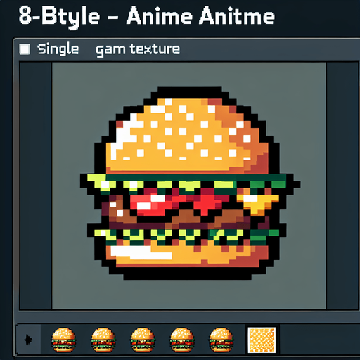 8 bit anime image delecious burger.
Single Game Texture.  In-Game asset.  2d.  Blank background.  High contrast.  No shadows