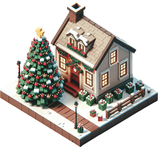overhead view of simple box house christmas decorations giant christmas tree out front video game asset 2d blank background Single Game Texture. In-Game asset. 2d. Blank background. High contrast. No shadows.