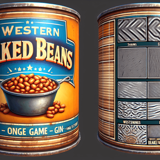 western baked beans can.
Single Game Texture. In-Game asset. 2d. Blank background. High contrast. No shadows.