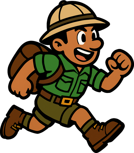 Safarici bir runner yeşil üstlü.
In-Game asset.  2d.  High contrast.  No shadows