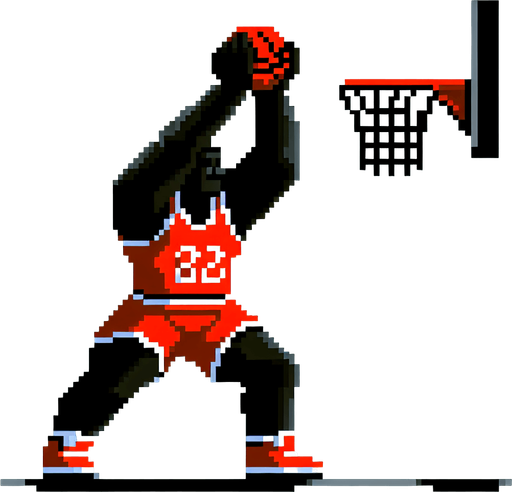 Tall, bulky, black male holding hands up trying to defend a basketball shot. Basketball player is wearing red shorts with a red jersey. The basketball is not present in the image. 8-bit art style..
Single Game Texture. In-Game asset. 2d. Blank background. High contrast. No shadows.