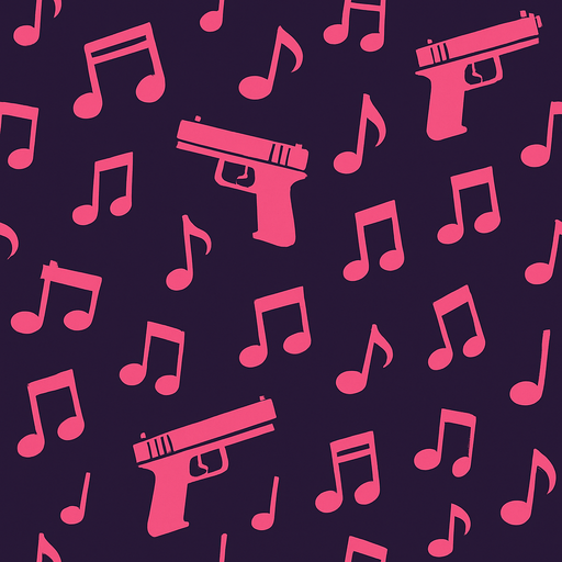 Make a wallpaper that features small music notes and guns. The image should look good for the game and not appear pixelated..
In-Game asset.  2d.  High contrast.  No shadows