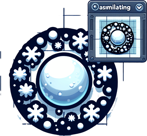 Icon for a snowball collide with snoflakes and becomes bigger, on a circle, with the text „ASSIMILATING SNOW“ at top, cartoon Single Game Texture. In-Game asset. 2d. Blank background. High contrast. No shadows.