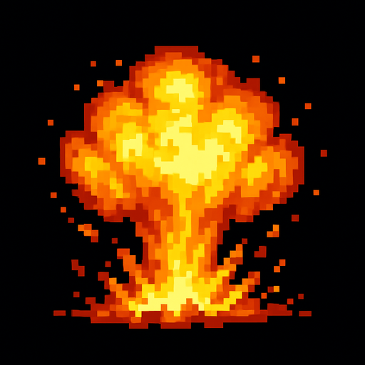 Creame una explosion de fuego pixelar.
In-Game asset.  2d.  High contrast.  No shadows