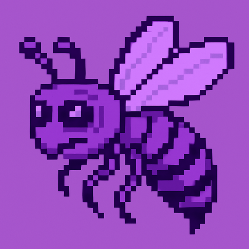 Genera una imagen de una avispa no terroríficas, pixel y que sean moradas. Que sea corrupta
In-Game asset.  2d.  High contrast.  No shadows