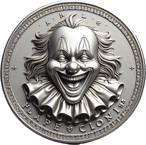 silver coin with clown image.
Single Game Texture.  In-Game asset.  2d.  Blank background.  High contrast.  No shadows