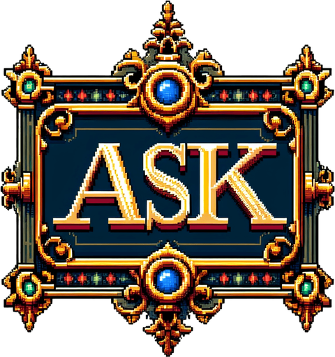 "ASK" sign with brass frame. Edwardian era style. Full color pixel art..
Single Game Texture. In-Game asset. 2d. Blank background. High contrast. No shadows.