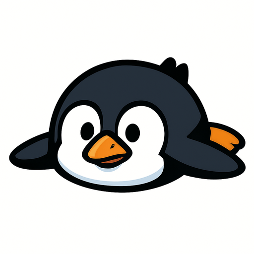A cartoon-style penguin lying flat on its belly, facing forward with its body stretched out.
In-Game asset.  2d.  High contrast.  No shadows