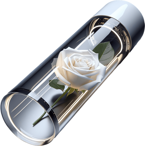 elegant white rose in a long transparent futuristic glass tube.