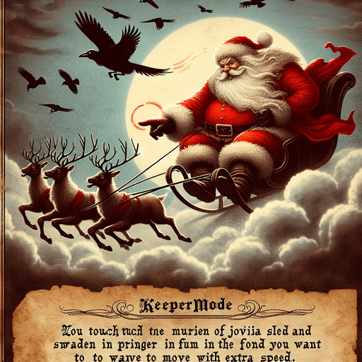 a pergament of Santa Clause on his flying sledge with reindeers, he flees for ravens and leaves a big frosty cloud behind him. There is the text "In Keeper Mode, you can touch santa and swipe your finger into the direction you want to move with extra speed"