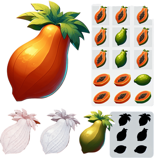 papaya fruit.
Single Game Texture.  In-Game asset.  2d.  Blank background.  High contrast.  No shadows