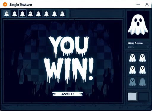 Ghost camera game win screen. YOU WIN! Horror game asset
Single Game Texture. In-Game asset. 2d. Blank background. High contrast. No shadows.