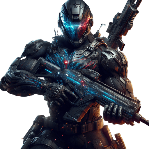 Create an image of a dynamic, powerful hero in a futuristic, action-packed setting. The hero is wearing a sleek, dark armored suit with metallic accents that reflect light. The suit features high-tech elements, such as glowing blue and red energy lines running across the chest and limbs, and advanced weaponry mounted on the arms. The hero’s face is partially visible behind a helmet with a visor, showing intense determination. They stand confidently in a battle-ready pose, with a backdrop of a city in ruins, engulfed in smoke and flames. In the hero's hand, there’s a futuristic gun that looks like a high-powered sniper rifle, glowing with energy. The atmosphere is tense, with sparks flying around as if from recent explosions.".
Single Game Texture. In-Game asset. 2d. Blank background. High contrast. No shadows.