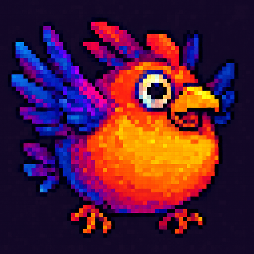 Big fat flaying bird ( Piksel art). Colorful 
In-Game asset.  2d.  High contrast.
