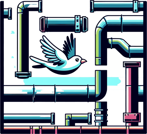 A bird is flying through pipes.
Single Game Texture. In-Game asset. 2d. Blank background. High contrast. No shadows.