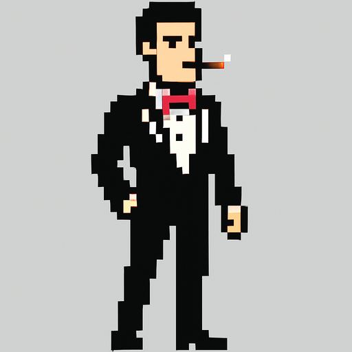 man in a black and white tuxedo with a pink bow tie and with a cigarette in his mouth, whole body shown 2d pixel art..
In-Game asset.  2d.  High contrast.  No shadows