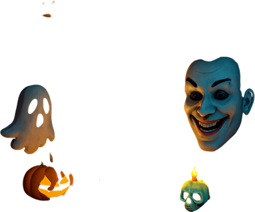 3D Scary room with many 3D decorations around, 3D scary masks of memes from movies around it.
In-Game asset.  3D.  High contrast.  No shadows. no jesus cross. no star of 6. no start of 5. no devil. HD colors
