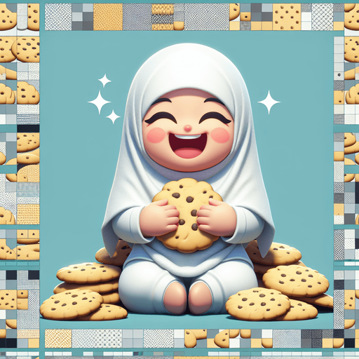 A cute girl happily eating way too many vanilla cookies. Single Game Texture. In-Game asset. 2d. Blank background. High contrast. No shadows.