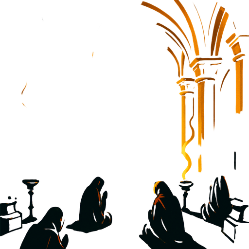 A golden medieval temple with wide columns, sun shining through stained glass, incense rising, pilgrims praying in silence.
In-Game asset.  2d.  High contrast.  No shadows