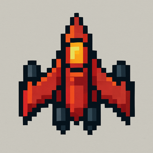 Top down 2d pixilated spaceship.
In-Game asset.  2d.  High contrast.  No shadows