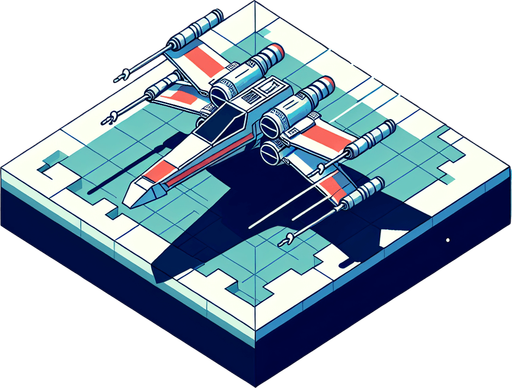 Single Game Texture. In-Game asset. 2d. An X-Wing-like spaceship moving up and down from above.
Single Game Texture. In-Game asset. 2d. Blank background. High contrast. No shadows.