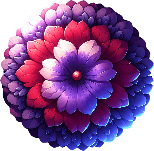 A round purple and red flower. Top down view.
Single Game Texture. In-Game asset. 2d. Blank background. High contrast. No shadows.