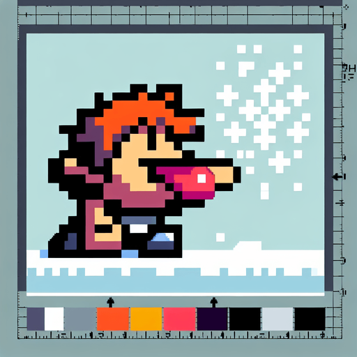 8bit person holding their tongue up to catch snowflakes.
Single Game Texture. In-Game asset. 2d. Blank background. High contrast. No shadows.