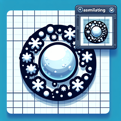Icon for a snowball collide with snoflakes and becomes bigger, on a circle, with the text „ASSIMILATING SNOW“ at top, cartoon Single Game Texture. In-Game asset. 2d. Blank background. High contrast. No shadows.