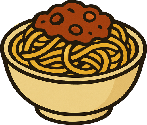 Bowl of spaghetti in professor Layton game style artwork.
In-Game asset.  2d.  High contrast.  No shadows