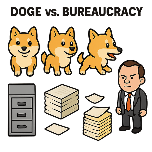Okay, here's a prompt designed for an AI image generator (like Midjourney, Stable Diffusion, DALL-E 2/3, etc.) to create a concept asset sheet for "DOGE vs. Bureaucracy". Remember that AI generators might need refinement or multiple attempts, and you might have to cut out and arrange the final assets yourself.
Prompt:
"Create a 2D game asset sprite sheet for a humorous, top-down hero defense game called 'DOGE vs. Bureaucracy'. The art style should be clean, cartoonish, slightly exaggerated, and meme-inspired, capturing the absurdity of office bureaucracy. All assets should be viewed from a top-down perspective, have clearly defined outlines, be suitable for a casual game, share a reasonably consistent scale, and be arranged neatly in a grid on a plain white or transparent background.
The sprite sheet should include concepts for the following assets:
1. Hero - DOGE (Shiba Inu):
* Idle state (classic Doge expression).
* Walking state (simple 2-frame cycle concept is fine).
* Basic Attack.
In-Game asset.  2d.  High contrast.  No shadows