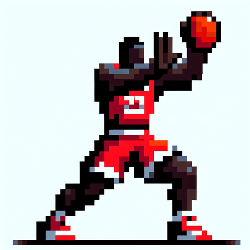Tall, bulky, black male holding hands up trying to defend a basketball shot. Basketball player is wearing red shorts with a red jersey. The basketball is not present in the image. 8-bit art style..
Single Game Texture. In-Game asset. 2d. Blank background. High contrast. No shadows.