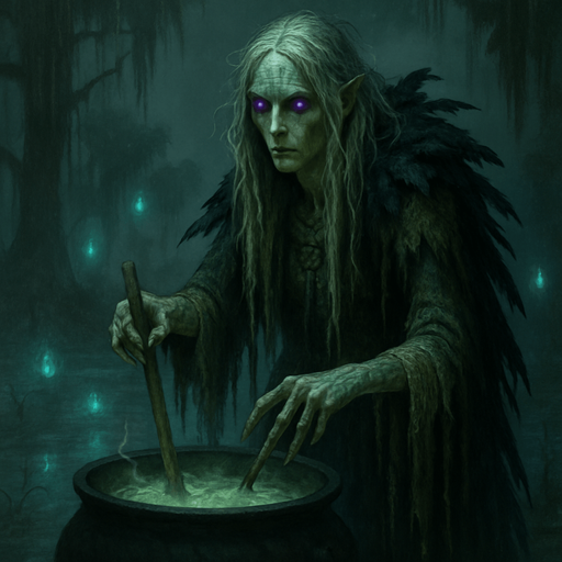 A hauntingly beautiful swamp witch draped in moss-draped robes and raven feathers. Female, 44 years old, tall and willowy, long tangled silver-blonde hair, glowing violet eyes, pale greenish skin marked with old runes. Fingers elongated and tipped with claws. She stirs a cauldron in the middle of a foggy, glowing swamp surrounded by will-o'-wisps. Realistic, highly detailed, eerie mystical style. realistic.
In-Game asset.  2d.  High contrast.  No shadows