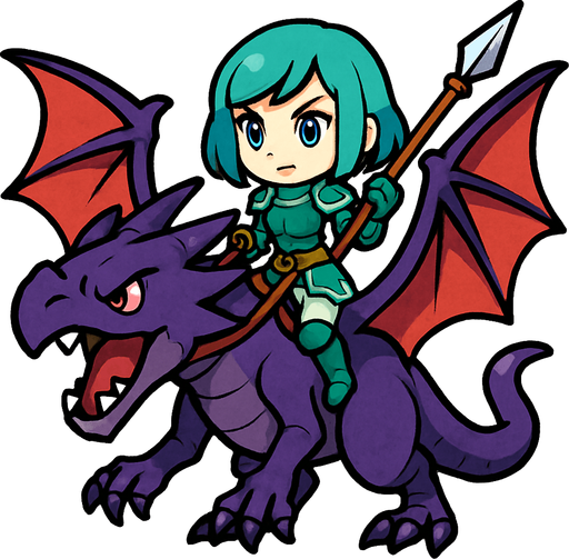 Una jinete de wyvern en estilo chibi/cuerpo completo. El wyvern es grande y de color morado, con alas extendidas y expresión fiera. La jinete es una joven guerrera con armadura ligera de torso en color verde con detalles aqua, con hombreras y guantes. Lleva pantalones blancos y botas verdes altas. Su cabello es corto estilo bob, de color aqua, y tiene ojos azules brillantes. Montada sobre el wyvern, sostiene con una mano las riendas y con la otra una lanza larga..
In-Game asset.  2d.  High contrast.  No shadows