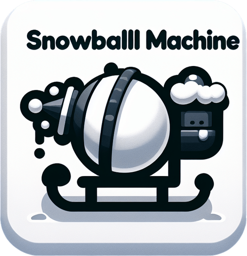 Icon for a Snowball machine on the back of santas sledge, cartoon, with the text „snowball machine“ on the top Single Game Texture. In-Game asset. 2d. Blank background. High contrast. No shadows.