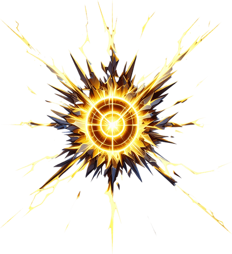 A more intense version of Power Surge. A fractured or exploding core shape at the center, emitting powerful, jagged energy waves (possibly in yellow or orange on top of blue). Could incorporate classic explosion symbol elements but rendered in the cybernetic style. Should look significantly more powerful than Power Surge..
Single Game Texture.  In-Game asset.  2d.  Blank background.  High contrast.  No shadows